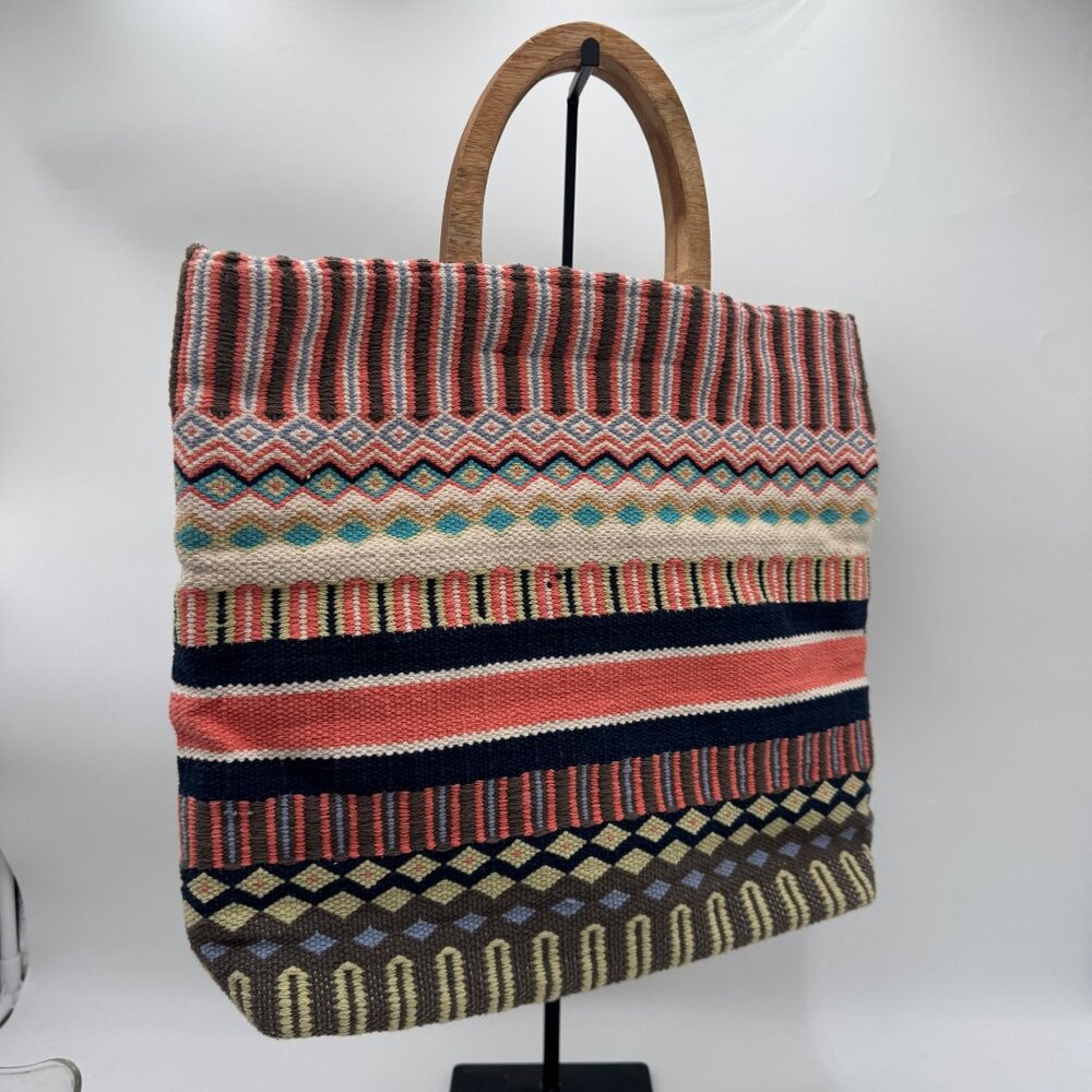 J Jill Multicolored Woven Cotton Tote Bag with Wood Handles Boho bohemian summer - Picture 7 of 15